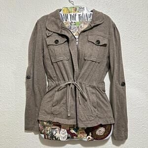 Rubbish Brown Tan 100% Cotton Gorpcore Boho Utility Cargo Zip Up Jacket Sz Med